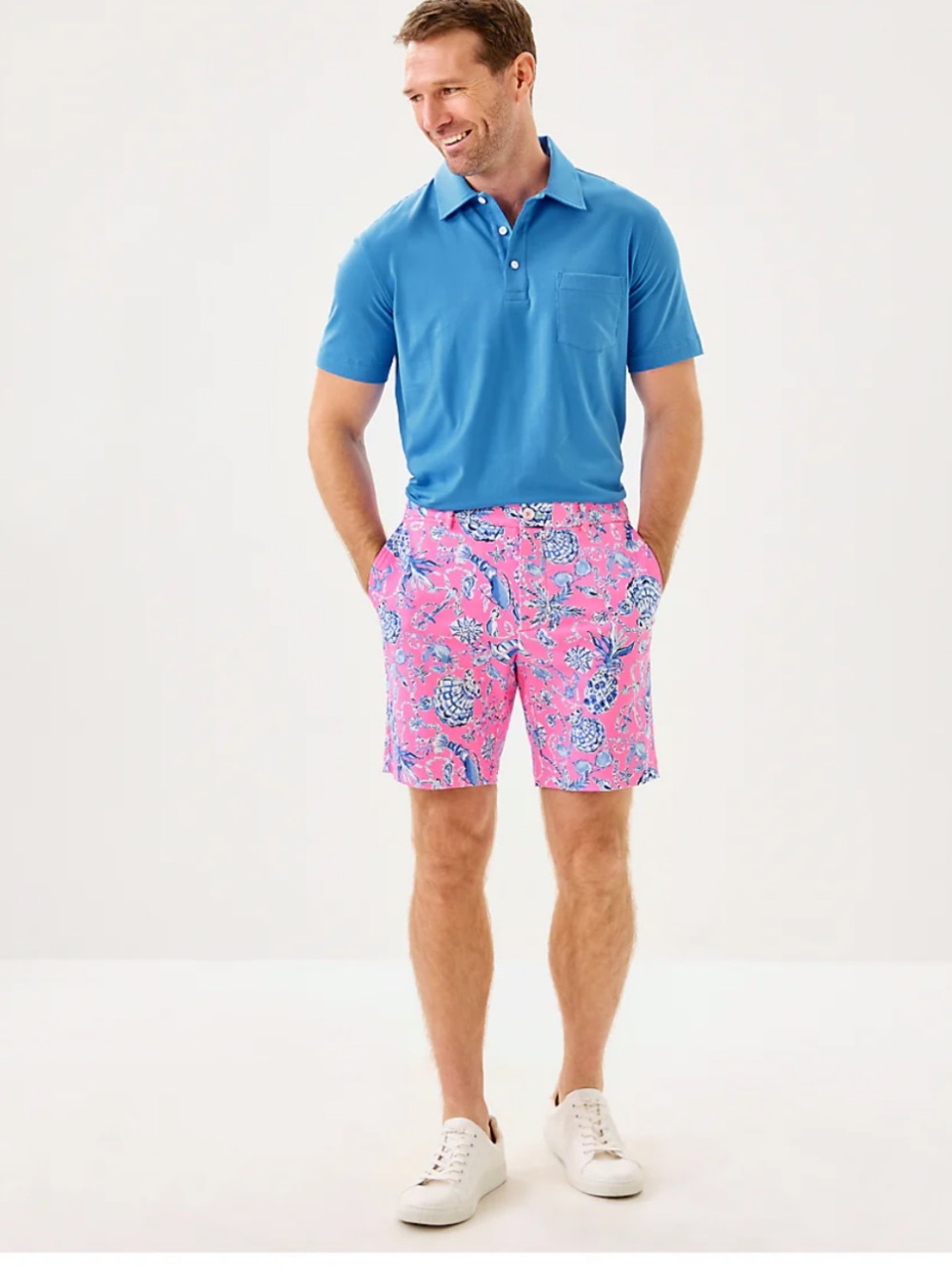 LILLY PULITZER MENS STUFF VOLK STRETCH SHORT, ROUSSEAU PINK BAREFOOT BEACHCOMBER